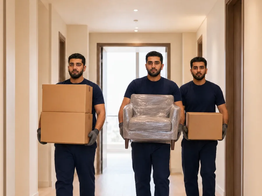 عمال يحملون صناديق وكرسياً مغلفاً في ممر