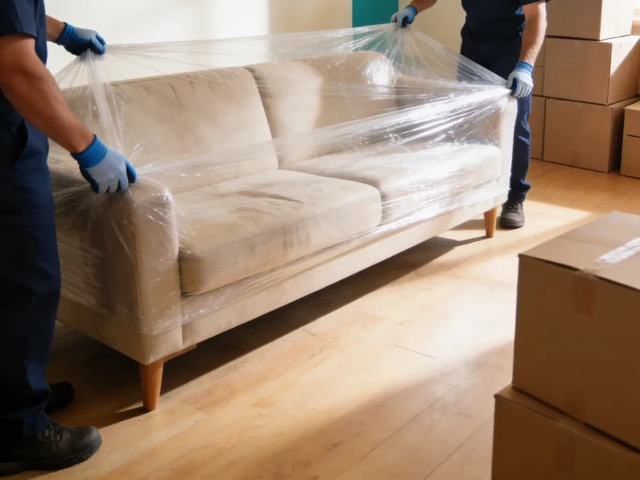 عاملان يغلّفان أريكة بفيلم بلاستيكي شفاف