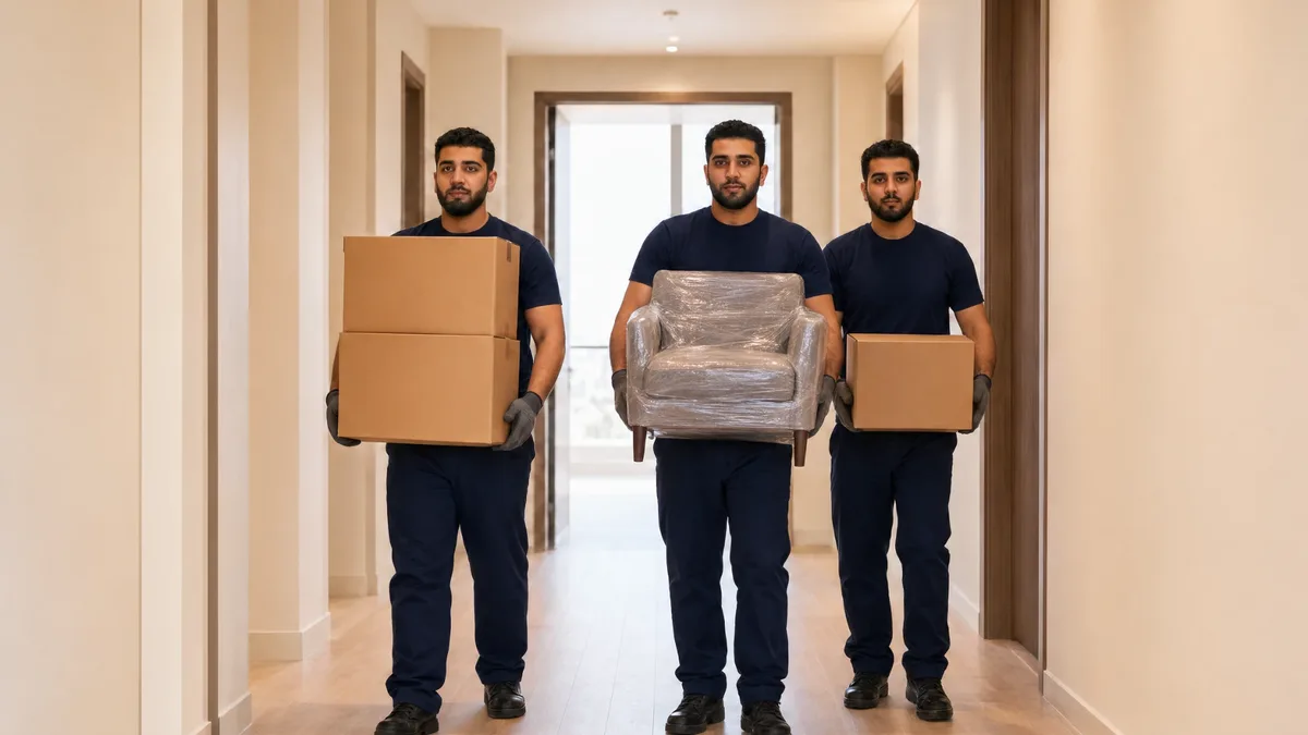 ثلاثة عمال يحملون صناديق وكرسياً مغلفاً في ممر مبنى سكني